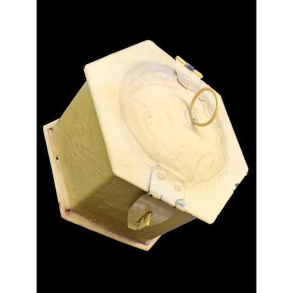 Painted Metal Hinged Hexagon Lockbox Handmade Yellow Storage w Hanger 6" - Picture 7 of 8